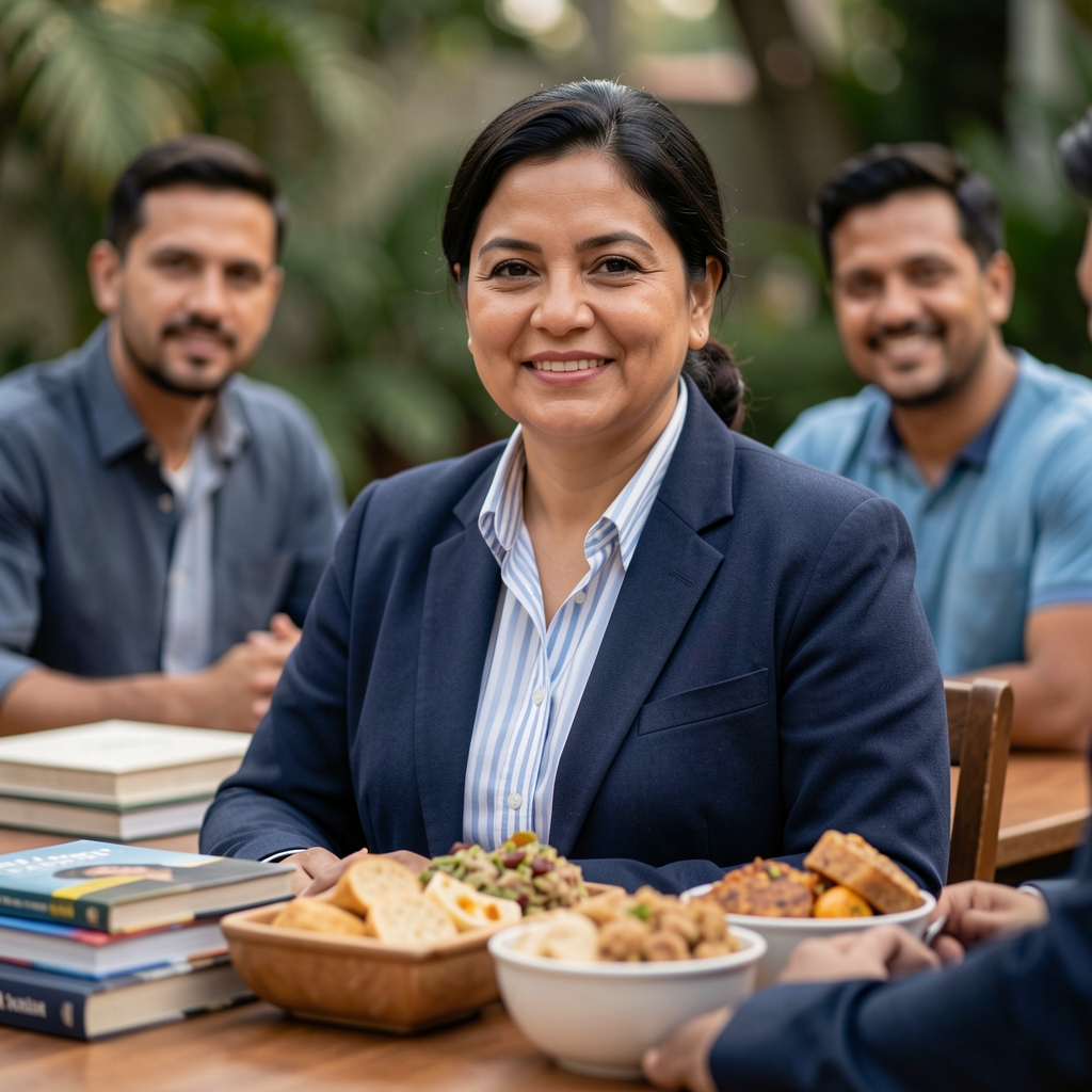 Equipo editorial reunido alrededor de una mesa con libros y muestras de alimentos colombianos