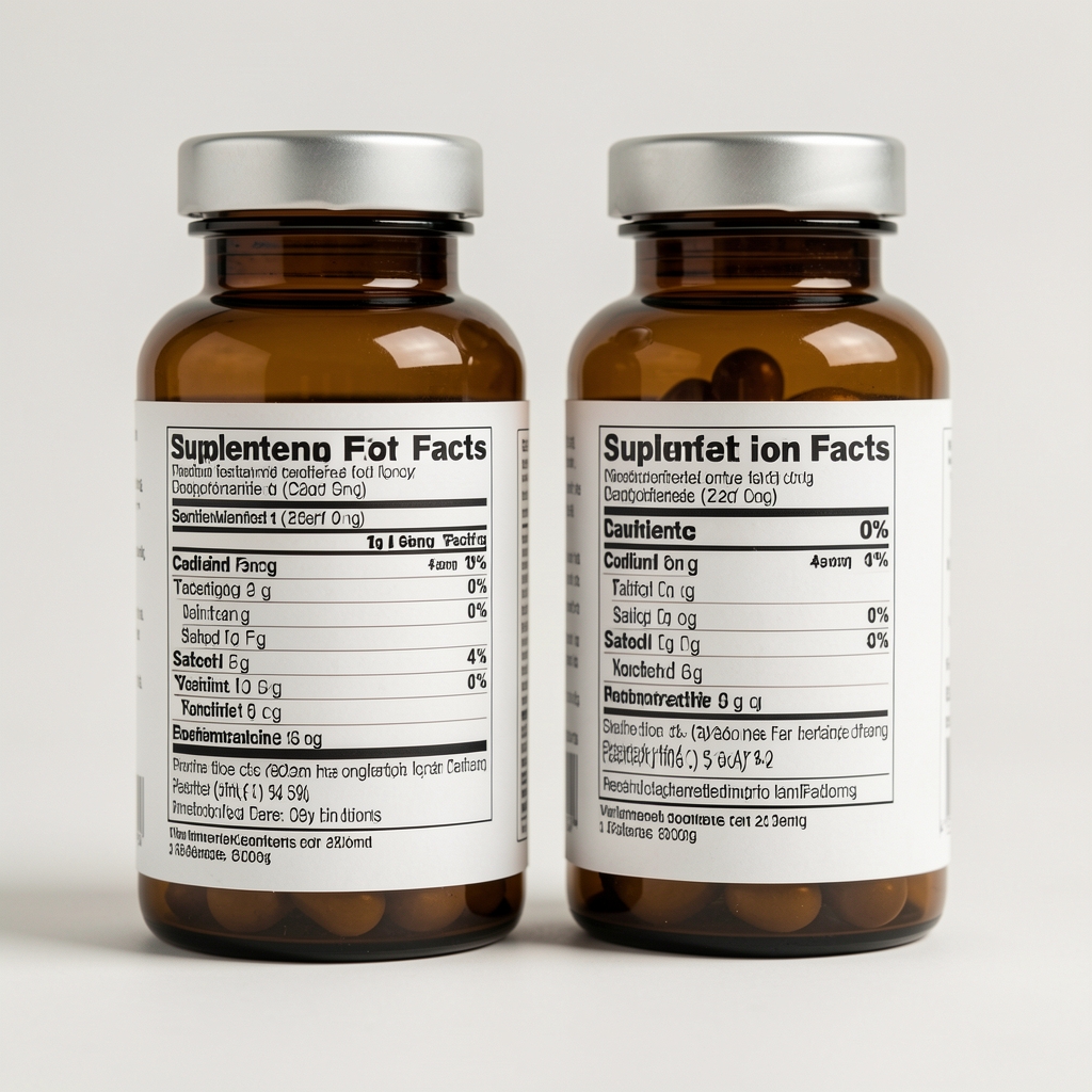 Primer plano de una etiqueta nutricional impresa junto a un frasco de suplemento sobre fondo claro