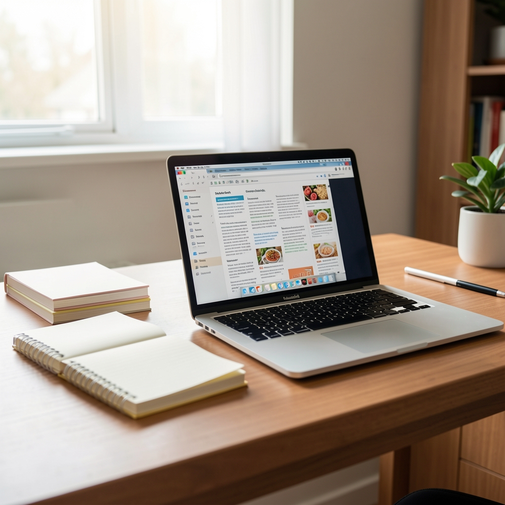 Escritorio con libretas de notas y una laptop abierta usada para revisar literatura nutricional