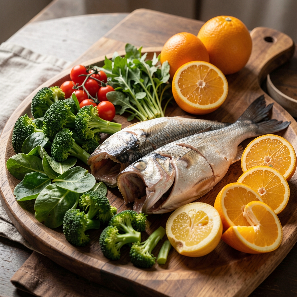 Mesa colombiana con pescado, verduras verdes y cítricos preparados para una comida equilibrada