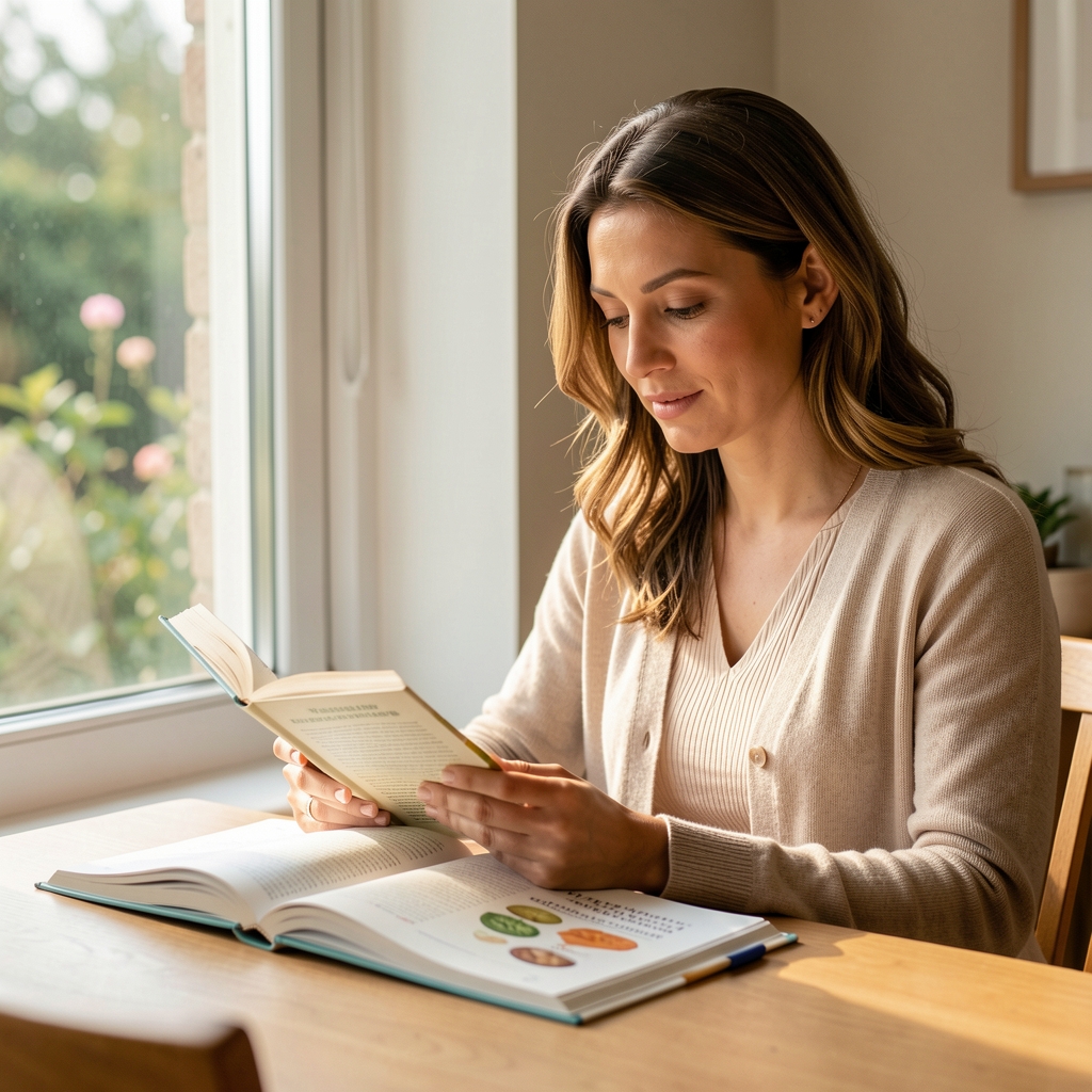 Mujer adulta leyendo junto a una ventana luminosa con un cuaderno de nutrición sobre la mesa