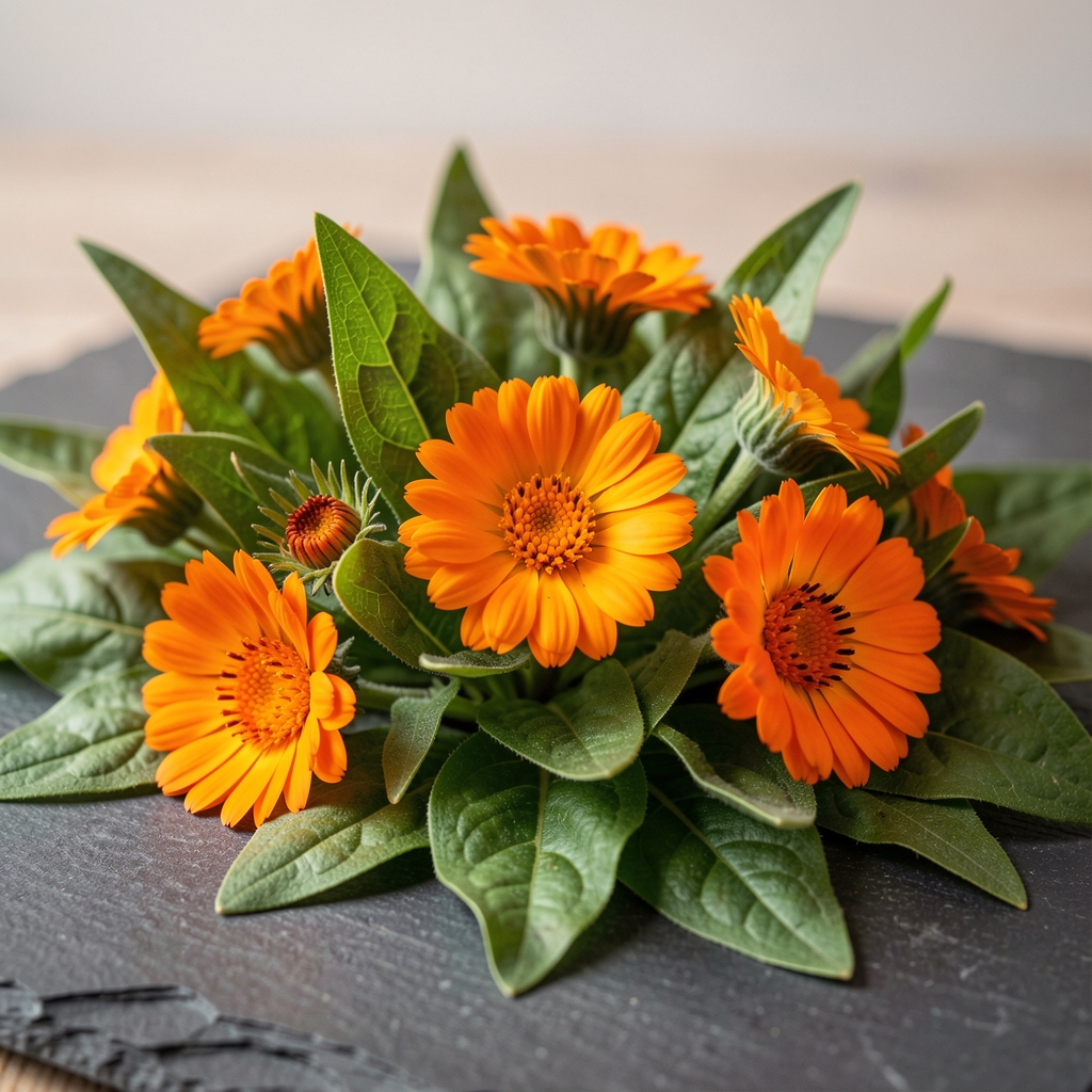 Plato de hojas verdes y flores de caléndula representando carotenoides naturales