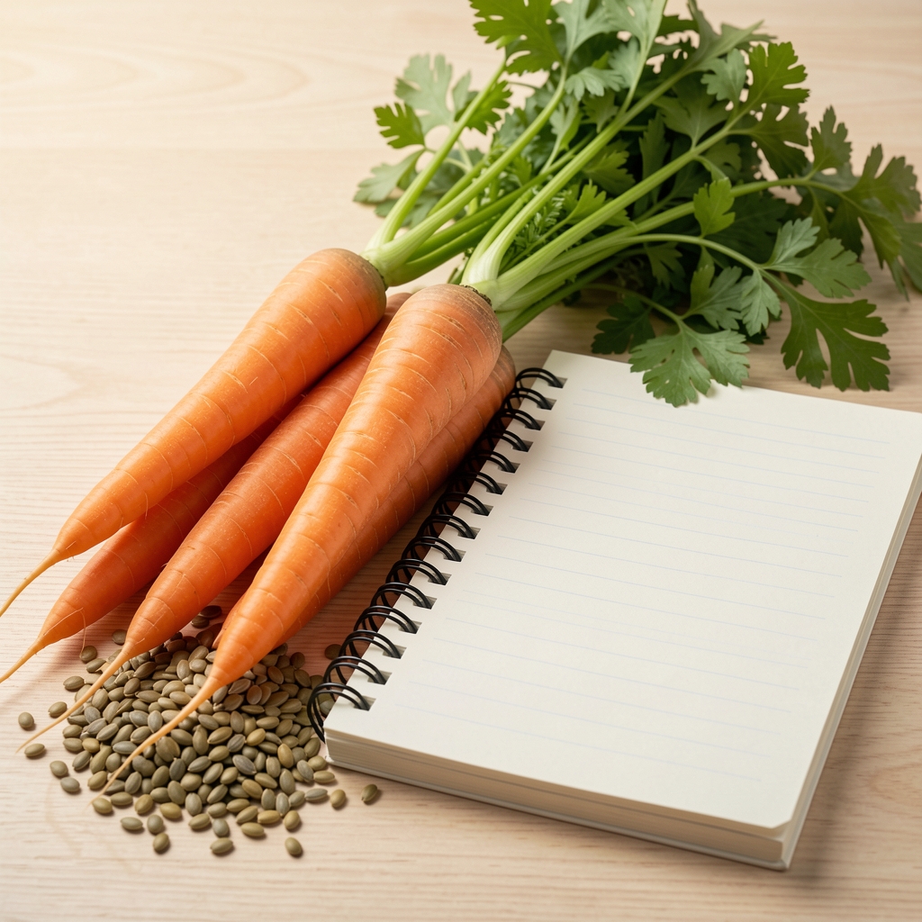 Composición de zanahoria, semillas y hojas verdes junto a una libreta de micronutrientes