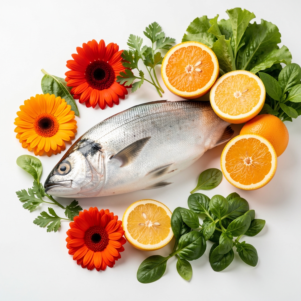 Mesa clara con pescado, caléndula, cítricos y vegetales verdes para representar una fórmula completa