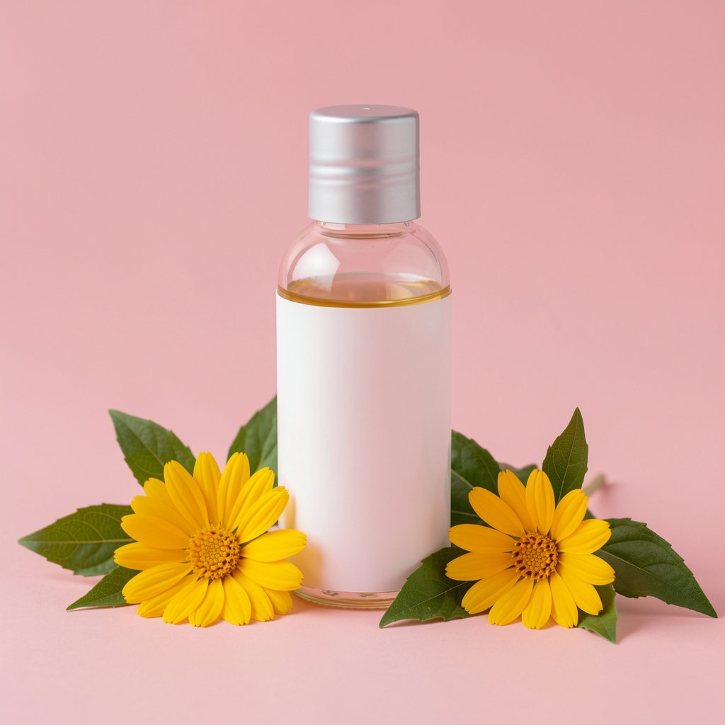 Frasco editorial junto a caléndulas amarillas y hojas verdes sobre fondo rosado suave